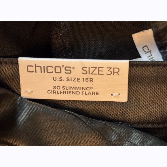 Chico’s So Slimming Women’s 16 Girlfriend Flare Pants Black Coated Edgy Chic - Picture 9 of 11